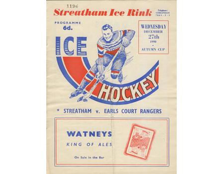 STREATHAM V EARLS COURT RANGERS 1950-51 ICE HOCKEY PROGRAMME