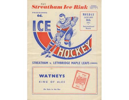 STREATHAM V LETHBRIDGE MAPLE LEAFS (CANADA) 1951 ICE HOCKEY PROGRAMME