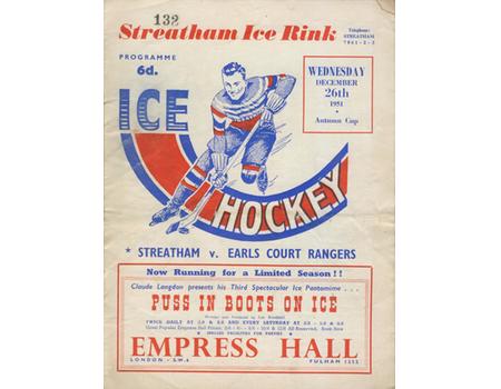 STREATHAM V EARLS COURT RANGERS 1951-52 ICE HOCKEY PROGRAMME