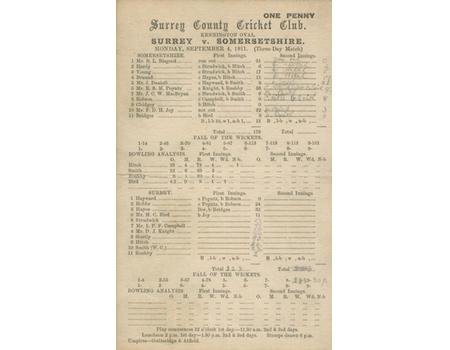 SURREY V SOMERSET 1911 CRICKET SCORECARD