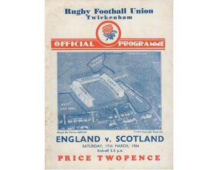 ENGLAND V SCOTLAND 1934 (ENGLAND WIN TRIPLE CROWN) RUGBY PROGRAMME