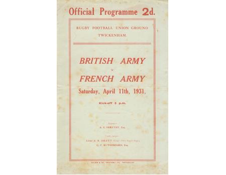 BRITISH ARMY V FRENCH ARMY 1931 RUGBY PROGRAMME