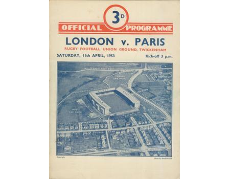LONDON V PARIS 1953 RUGBY PROGRAMME