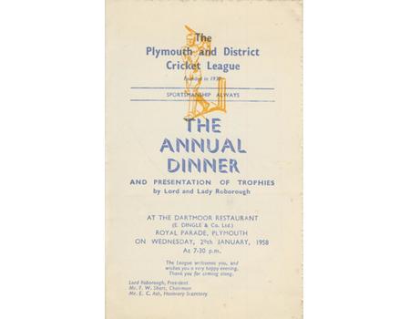 THE PLYMOUTH & DISTRICT CRICKET LEAGUE ANNUAL DINNER 1958