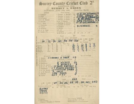 SURREY V ESSEX 1932 CRICKET SCORECARD (HOBBS 2 CENTURIES)