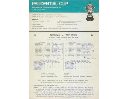 AUSTRALIA V WEST INDIES 1975 (WORLD CUP FINAL) CRICKET SCORECARD