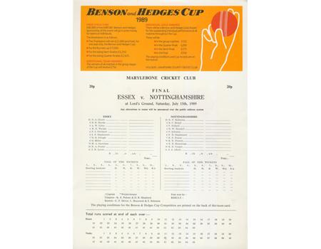 ESSEX V NOTTINGHAMSHIRE 1989 (BENSON & HEDGES CUP FINAL) CRICKET SCORECARD