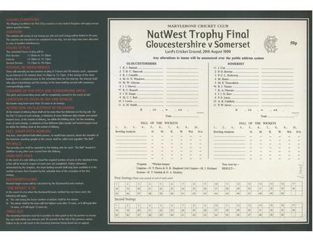 GLOUCESTERSHIRE V SOMERSET 1999 NATWEST FINAL CRICKET SCORECARD