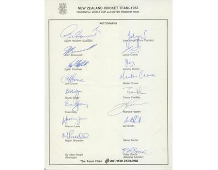 NEW ZEALAND 1983 WORLD CUP TEAM CRICKET AUTOGRAPH SHEET