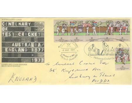 TEST CRICKET CENTENARY 1977 FIRST DAY COVER - SIGNED BY MANY GREAT ASHES PLAYERS