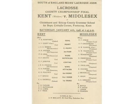KENT V MIDDLESEX (COUNTY CHAMPIONSHIP FINAL) 1948 LACROSSE PROGRAMME