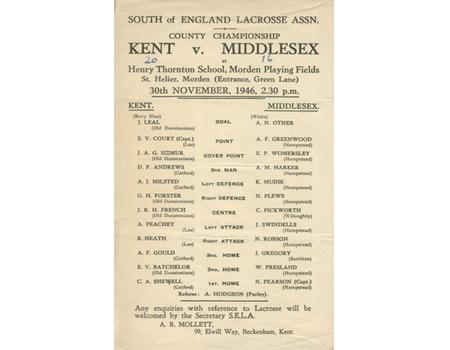 KENT V MIDDLESEX 1946 LACROSSE PROGRAMME