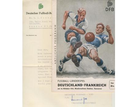 WEST GERMANY V FRANCE 1954 FOOTBALL PROGRAMME (FIRST GAME AFTER WINNING WORLD CUP)