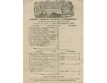 COUNTY OF KENT V THE MARYLEBONE CLUB 1869 CRICKET SCORECARD - GRACE SCORES CENTURY BEFORE LUNCH ON FIRST DAY