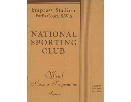 NATIONAL SPORTING CLUB 1936 BOXING PROGRAMME (EMPRESS STADIUM, EARL