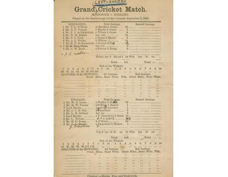 MIDDLESEX V ENGLAND 1888 (SCARBOROUGH) - LEFT-HANDED MATCH. CRICKET SCORECARD (INCLUDING W.G. GRACE)