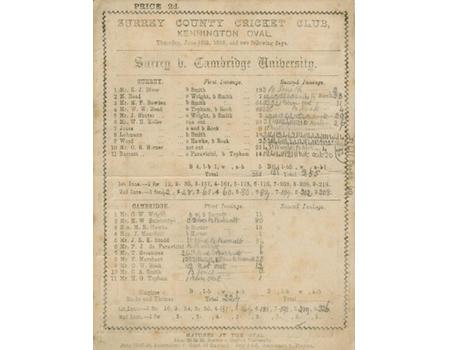 SURREY V CAMBRIDGE UNIVERSITY 1884 CRICKET SCORECARD