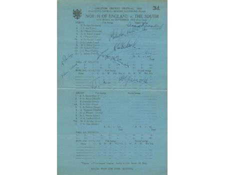 NORTH V SOUTH 1952 CRICKET SCORECARD - SIGNED BY 9 PLAYERS