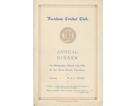 FARNHAM CRICKET CLUB (SURREY) 1936 ANNUAL DINNER MENU