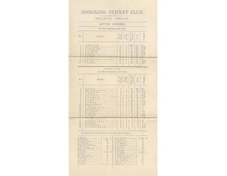 HONG KONG CRICKET CLUB 1890-91 LIST OF SEASON