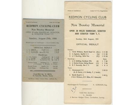 REDMON CYCLING CLUB (MORDEN) TIME TRIAL RESULTS 1950 & 1951