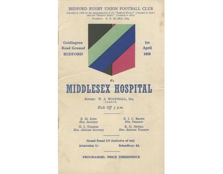BEDFORD V MIDDLESEX HOSPITAL 1950 RUGBY PROGRAMME