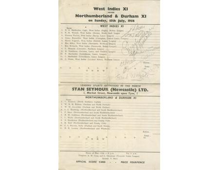 NORTHUMBERLAND & DURHAM XI V WEST INDIES XI 1956 SIGNED CRICKET SCORECARD