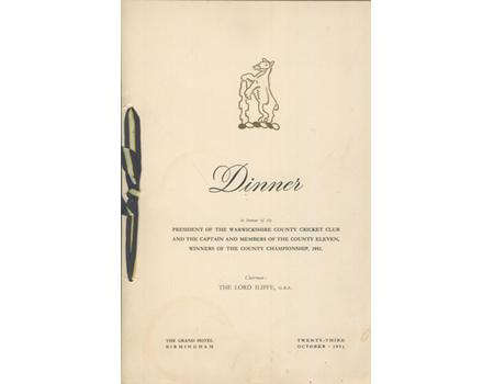 WARWICKSHIRE COUNTY CRICKET CLUB 1951 DINNER  MENU - AFTER WINNING COUNTY CHAMPIONSHIP