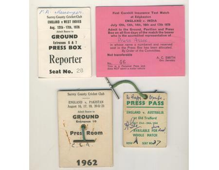CRICKET PRESS PASSES (TEST MATCHES) 1962-79