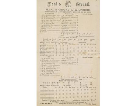 M.C.C. & GROUND V WILTSHIRE 1900 CRICKET SCORECARD - INCLUDING ARTHUR CONAN DOYLE
