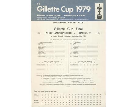 NORTHAMPTONSHIRE V SOMERSET 1979 GILLETTE CUP FINAL CRICKET SCORECARD
