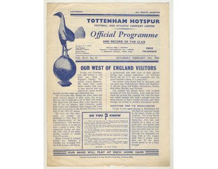 TOTTENHAM HOTSPUR RESERVES V PLYMOUTH ARGYLE RESERVES 1953-54 FOOTBALL PROGRAMME
