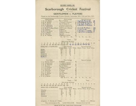 GENTLEMEN V PLAYERS 1947 CRICKET SCORECARD - SCARBOROUGH FESTIVAL