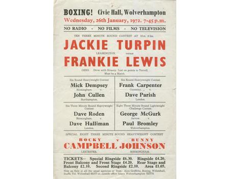JACKIE TURPIN (JUNIOR) V FRANKIE LEWIS 1972 BOXING POSTER