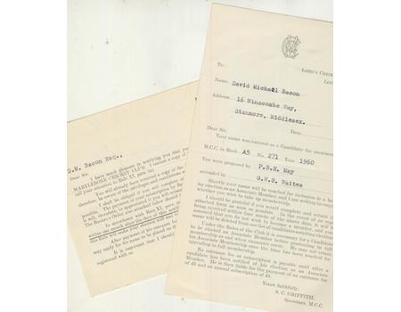 M.C.C. MEMBERSHIP LETTER & ACCEPTANCE 1960