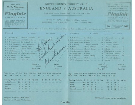 ENGLAND V AUSTRALIA 1953 (TRENT BRIDGE) CRICKET SCORECARD - SIGNED BY BEDSER, FROM JOHN ARLOTT COLLECTION