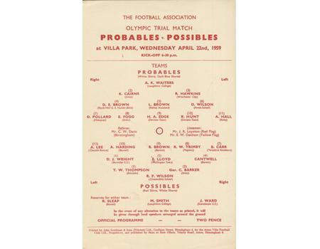 THE FOOTBALL ASSOCIATION OLYMPIC TRIAL 1959 (VILLA PARK) FOOTBALL PROGRAMME