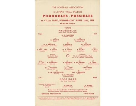 THE FOOTBALL ASSOCIATION OLYMPIC TRIAL 1959 (VILLA PARK) FOOTBALL PROGRAMME
