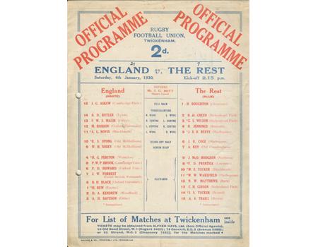 ENGLAND V THE REST 1930 RUGBY PROGRAMME