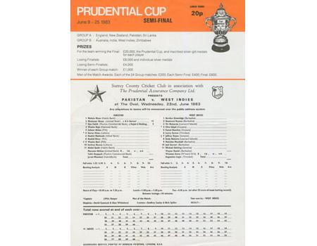 PAKISTAN V WEST INDIES 1983 (WORLD CUP SEMI-FINAL) CRICKET SCORECARD
