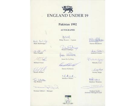 ENGLAND UNDER 19 1992 SIGNED CRICKET TEAM SHEET