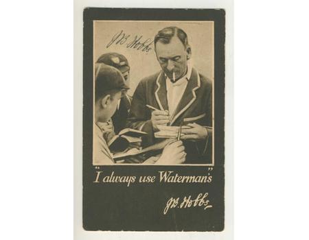 JACK HOBBS (WATERMANS INK ADVERTISEMENT) 1930 SIGNED CRICKET POSTCARD
