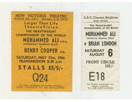 TWO 1966 CINEMA TICKET STUBS FOR MUHAMMAD ALI BOXING MATCHES: V HENRY COOPER  AND V BRIAN LONDON 