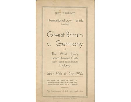 GREAT BRITAIN V GERMANY 1933 (BOURNEMOUTH) INTERNATIONAL LADIES