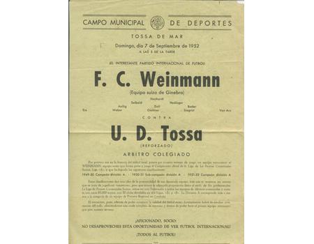SPANISH FOOTBALL FLYER 1952 - F.C. WEINMANN V U.D. TOSSA 