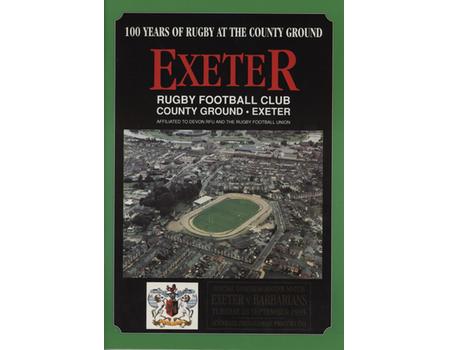 EXETER RUGBY FOOTBALL CLUB V BARBARIANS 1993 - SOUVENIR PROGRAMME, 100 YEARS AT THE COUNTY GROUND