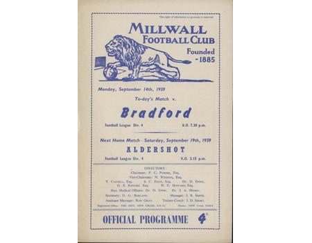 MILLWALL V BRADFORD PARK AVENUE 1959-60 FOOTBALL PROGRAMME