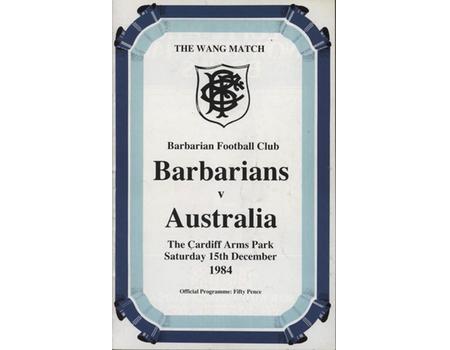 BARBARIANS V AUSTRALIA 1984 RUGBY PROGRAMME