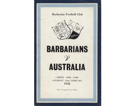 BARBARIANS V AUSTRALIA 1958 RUGBY PROGRAMME