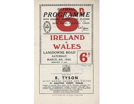 IRELAND V WALES 1952 RUGBY UNION PROGRAMME (WALES GRAND SLAM)